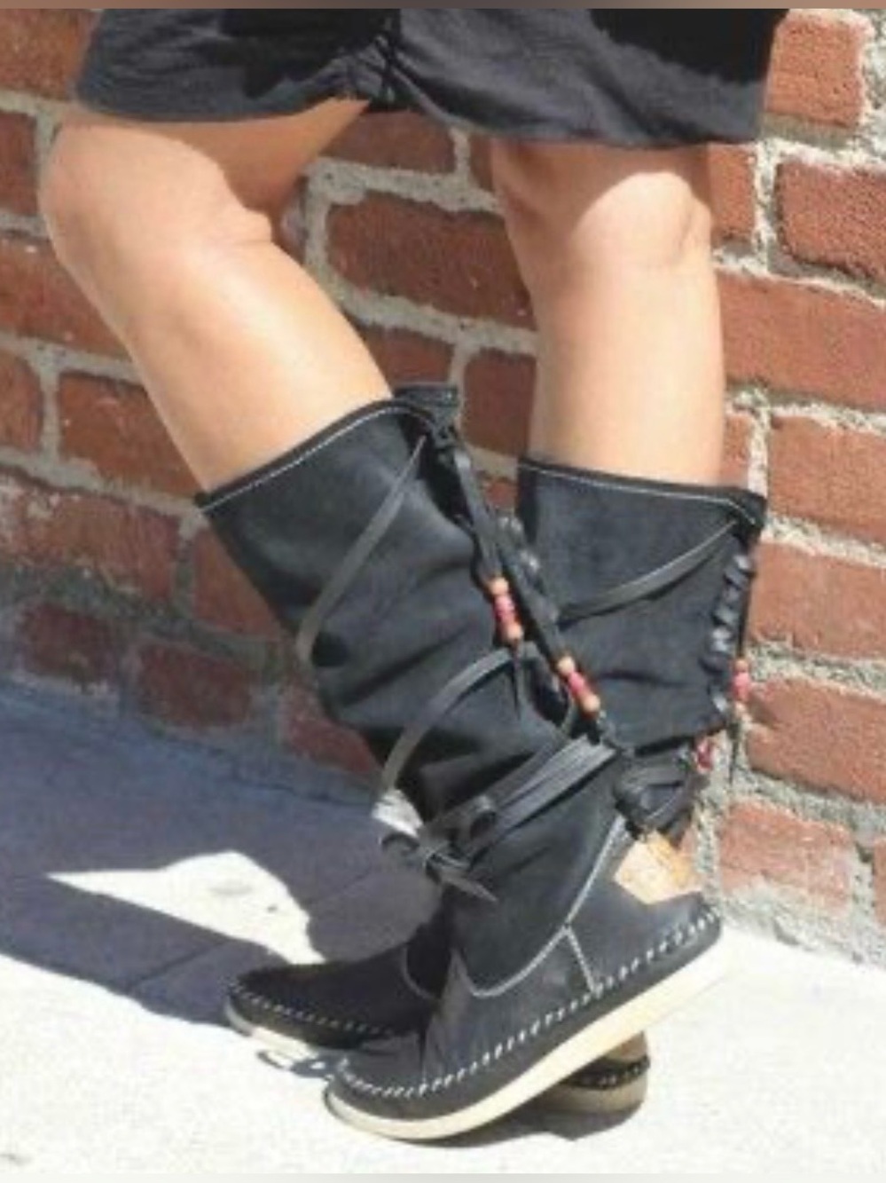 Buyamba KOTIDO Black Suede Boho Knee High Lace-Up Boots Size 8,5-9